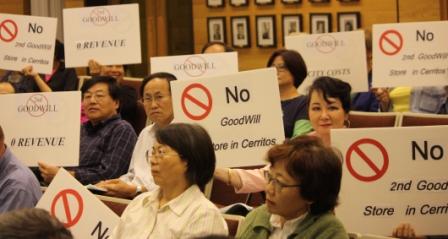 no goodwill Cerritos residents protest Goodwill during Thursday's city council meeting.
