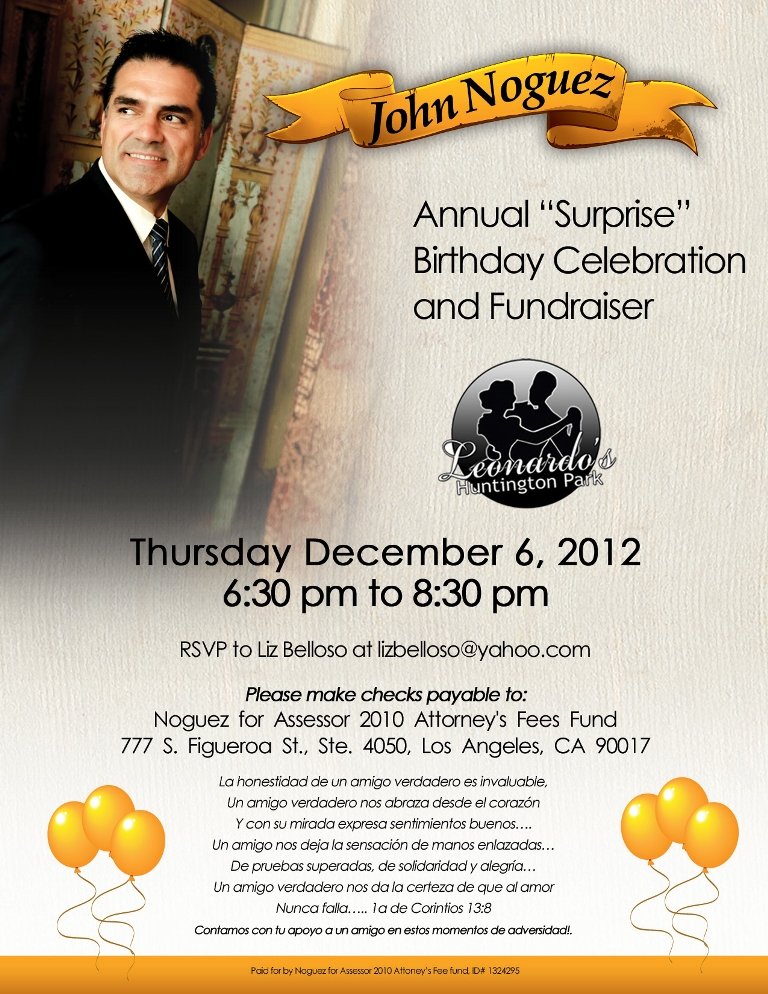 Copy of jailed Los Angeles County Assessor John Noguez Birthday Party invitation that indicates address of Kaufman Legal Group.