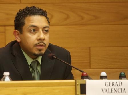 Cerritos City Council candidate Gerad Valencia at candidate forum sponsored by the Cerritos Regional Chamber of Commerce. Randy Economy Photo