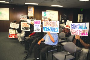 In a contentious meeting on Thursday, Central Basin Water Directors Leticia Vasquez, James Roybal, and Bob Apodaca came up short in an effort to fire General Manager Tony Perez. Angry supporters showed up with signs denouncing the “Roybal Three.”