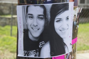 A photo of Giovanni Chaidez and Rosibel Montoya is posted at the location where the couple lost their lives tragically along Rosecrans Avenue in Norwalk this past weekend.  Pete Parker Photo