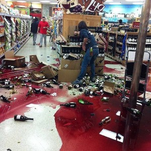 The Trader Joes in Whittier took a direct hit to its wine department. Hundreds of bottles were broken.  Photo via Facebook (Gary Mendez)