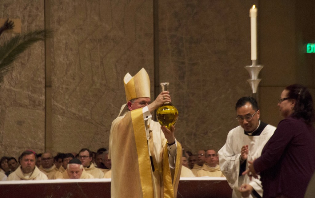 Thousands of Catholics gathered at Our Lady of the Angels Cathedral in Downtown Los Angeles on Monday to attend the annual Chrism Mass in a solemn ceremony that was officiated by Archbishop Jose Gomez. Pete Parker Photo