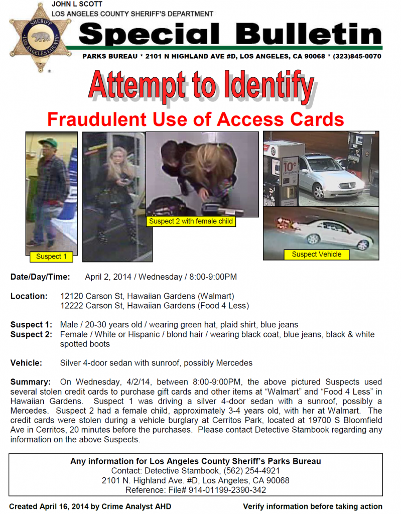 If anyone has information about the two suspects seen above, you are being urged to call Detective Stambook at (562) 254-4921.