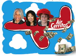 High flying members of the Cerritos Arts Commission  [l-r] Julietta Williams, Elaine Shiohama and Janet Beach attended the ‘Art Symposium’ in Miami, costing Cerritos taxpayers over $8,000. Doris Iglesias who also attended is not pictured. The Cerritos City Council has nixed all future travel for city commissioners after HMG-CN ran critical articles about the pricey trips.  Graphic by HMG-CN.
