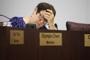 ABC School Board Member Celia Spitzer during Tuesday's heated meeting.  Randy Economy Photo