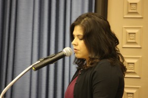 Olga Rios during the ABC Unified School District meeting on Tuesday night.  Randy Economy Photo