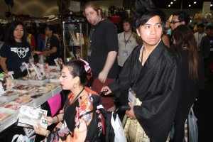 Kenisha Reyes-Gahol (left) and Jordan Gahol (right) dressed up as traditional Japanese in kimonos at Anime Expo 2014. Daniel E Beckham Photo. 