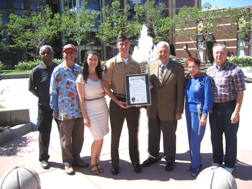 Shown in the picture from left to right are Lew Woodson, Mickey Christiason (hoste), Jessica (wife) & Sgt Samuel Wettstein, Cerritos City Councilman George Ray , Dorothy Owen (president for the 1st CEB Adoption Committee), and Chris Tierheimer.