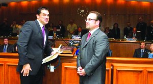 Former LA County Assessor John Noguez administers the oath of office to Councilman Jack Hadjinian.