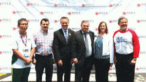 La Mirada Mayor Pauline Deal joins Whittier Mayor Fernando Dutra and Biola President Dr. Barry Corey in welcoming delegates from Russia and Macau.