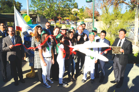 Macy Intermediate School 4-H students joined by their principal, Montebello Unified administrators and community in cutting a ceremonial ribbon to commemorate the completion of the school’s new-drought conscious landscape Dec. 15.