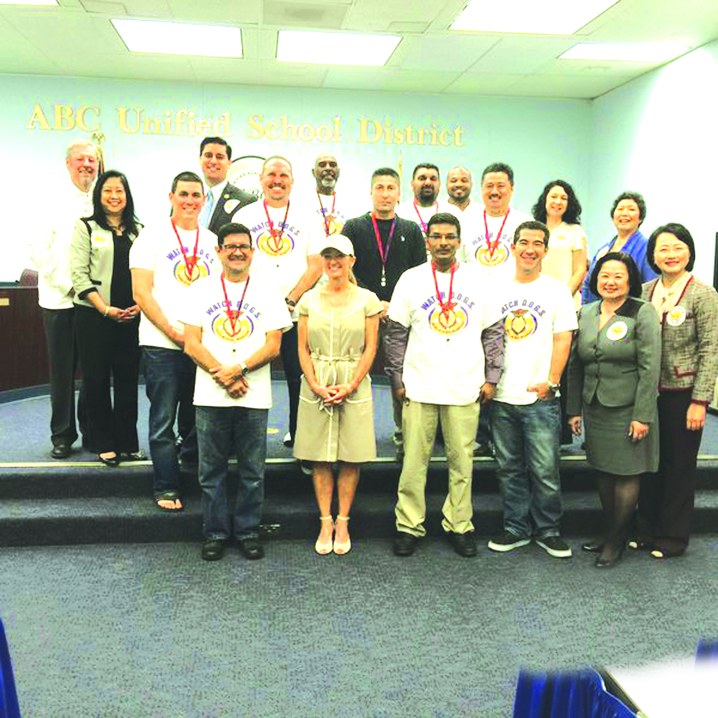 Nixon Elementary WatchDOGS receive recognition from the ABC USD School Board. The program is a “father involved” initiative from the National Center for Fathering that helps to organize dads and father figures to provide positive male role models for students. Photo by Tammye McDuff.