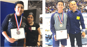 AWARD WINNERS: (l-r) 10th grader Juan Veliz with his mom, Maria Veliz. Veliz completed over 75 hours of service through after school snack sales on campus, park service, and various church events throughout the year. 11th grader Issac Edgar Barraza with his father, Edgar Barraza. Edgar completed his service at various events through his church during the school year.