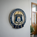 U.S. Immigration and Customs Enforcement emblem mounted on an office wall